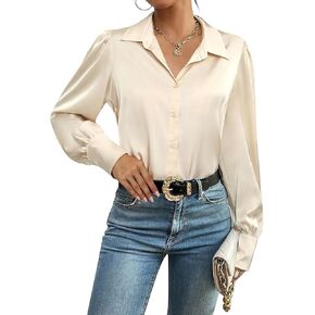 Zeagoo Womens Satin Blouse Lantern Long Sleeve Silk Button Down Shirt Dressy Casual Business Work Tunic Tops