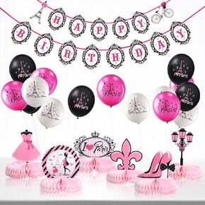 Clabby Paris Party Decorations Set Pink Paris Happy Birthday Banner I Love Paris Honeycombs Centerpieces Eiffel Tower Balloons Decor for Paris Party Birthday Baby Shower Supplies