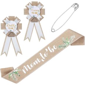 Neutral Sage Green Mom to Be Sash Baby Shower Decorations Dad to Be Pin, Rustic Boho Mommy to Be Sash Baby Shower Corsage Pin Set for Pregnant Mommy Gift Props Keepsake Gifts Party Decorations