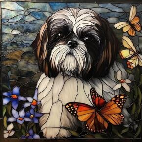 5D Diamond Art Painting Kits by Number for Adults Shih Tzu & Butterfly Stained Glass Style Diamond Art Painting Full Round Drill Rhinestone Embroidery Craft Kits for Decor 35x35cm(a85)