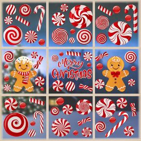 9 Sheet Christmas Window Clings Double-Sided Christmas Candy Scepter Gingerbread Man Window Decals Holiday PVC Stickers for Winter New Year Home Shop Window Glass Display Decoration