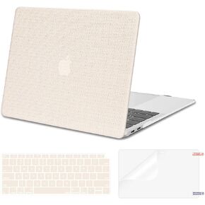 MOSISO Compatible with MacBook Air 13 inch Case 2022 2021 2019 2018 Release A2337 M1 A2179 A1932, Woven Grid PU Leather Coated Plastic Hard Case&Keyboard Cover&Screen Film for MacBook Air 13.3, Beige