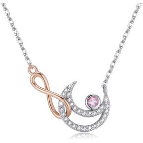 Qings Moon Sky Infinity Birthstone Necklace 925 Sterling Silver Rose Gold Endless Sign Pendant Sparkling Round Cut Gemstone 18" Adjustable Chain Gift for Women Girls