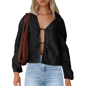Tankaneo Womens Tie Front Tops Coquette Long Puff Sleeve Bow Shirts Blouses 2024 Fall Outfits