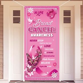 HOWAF Breast Cancer Awareness Decorations Door Banner, Breast Cancer Awareness Door Cover for Breast Cancer Charity Activities Supplies, Pink Ribbon Door Decor with Women's Encouragement Words