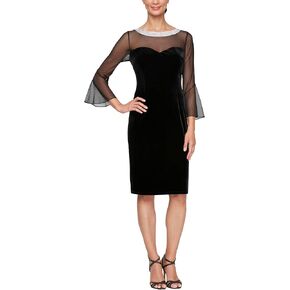 Alex Evenings Women's Short Gown with Embellished Sweetheart Illusion Neckline & Cascade Detail Skirt, Wedding Guest, Party Dress, Black Velvet