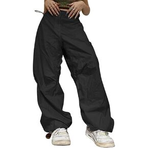 Women Y2k Low Rise Cargo Pants Baggy Drawstring Elastic Waist Wide Leg Parachute Trousers Vintage Loose Streetwear