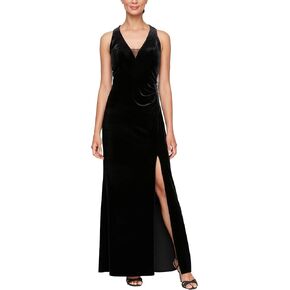 Long Velvet Halter Neck Mother of The Bride Gown with Beaded Hip and Front Slit, Wedding Guest, Party Dress