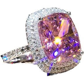 S925 Sterling Silver All Diamond Engagement Brilliant Halo Ring Square Solid Cut Pink Diamond Ring AAA Cubic Zirconia Ring Sweet Proposal Wedding Ring