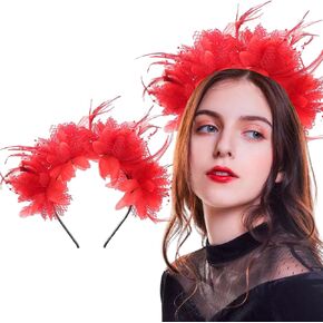 Halloween Headband Red Flower Feather Lace Women Gothic Hair Accessories Headpiece Day of The Dead Party Photo Props Decoration Supplies