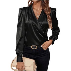 SOLY HUX Women's Satin Silk Blouses Wrap V Neck Puff Long Sleeve Shirts Casual Office Work Tops