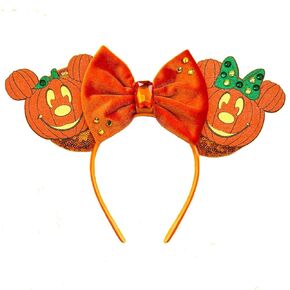 ANIUHL Halloween Mouse Ears Headband Glitter Pumpkin Hairband Orange Large Bow Hair Hoop Headpiece for Cosplay Makeup Party Photo Props