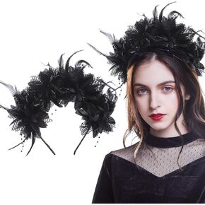 Halloween Headband Black Flower Feather Lace Women Gothic Hair Accessories Headpiece Day of The Dead Party Photo Props Decoration Supplies