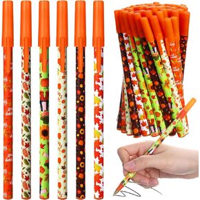 Yeaqee 48 Pcs Thanksgiving Pens Bulk Thanksgiving Fall Themed Pens Maple Leaf Pumpkin Autumn Pen 6 Styles Wood Scarecrow Pens for Thanksgiving Party Fall Harvest Autumn Gift Supplies(48 Pcs)