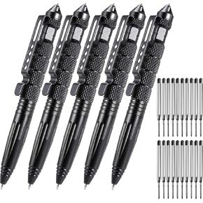OIJ 5 Pack Military Tactical Pen Set, Professional Self Defense Pen, Emergency Glass Breaker Pen, Tungsten Steel Writing Tool With 20 Ballpoint Refills