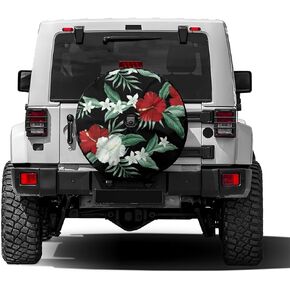 Foruidea Tropical Hawaiian Vintage Flower Red Hibiscus Spare Tire Cover with Backup Camera Hole Wheel Tire Cover Fit Trailer, RV, SUV and Many Vehicle 17inch