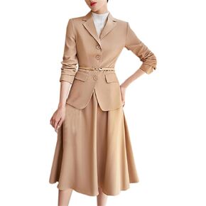 Betusline Women's 2 Pieces Skirt Suit Set Long Sleeve Blazer Jacket with Belt and Midi Skirt