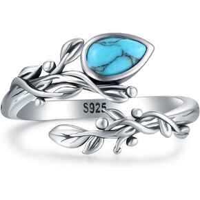 Turquoise Open Leaf Rings - 925 Sterling Silver Marquise Shape Olive Leaf Rings Grow Through What You Go Through Leaf Vintage Style Adjustable Ring Jewelry Gifts for Women 4# 5# 6# 7# 8# 9# 10#