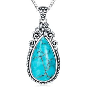 Genuine Turquoise Birth Flower Pendant Necklace, Sterling Silver Vintage Native Western Jewelry Birthdays Gift for Women
