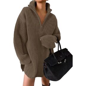 ZESICA Women's 2024 Long Sleeve Mini Sweater Dress Fall Quarter Zip Ribbed Knit Oversized Pullover Jumper Sweaters