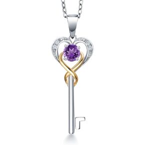 Gem Stone King 925 Sterling Silver and 10K Yellow Gold Gemstone Birthstone and Lab Grown Diamond Heart Key Necklace | Love Pendant Necklace for Women | 4MM Round | with 18 Inch Chain