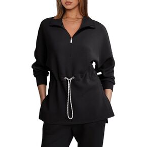 LASLULU Womens Oversized Sweatshirts Half Zip Hoodies Drawstring Waist Long Sleeve Tunic Pullover Tops Fall Outfits 2024