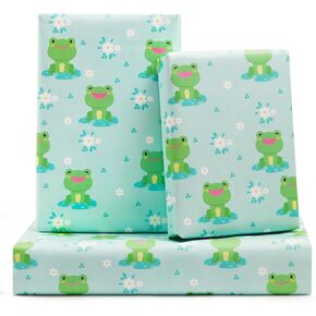 Frog Gift Wrapping Paper for Kids Baby Girls Boys, 6 Sheets Lotus Leaf Flower Frog Design 20 x 28 inch Birthday Wrapping Paper for Baby Shower Birthday Kindergarten Newborn