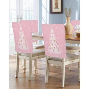 Pink Christmas Tree Chair Back Covers for Dining Room, Xmas Tree Snowflake Linen Polyester Back Chair Protector, Farmhouse Pink Balls 6 Pcs Dining Chair Seat Covers for Hotel, 20 x 19 Inches