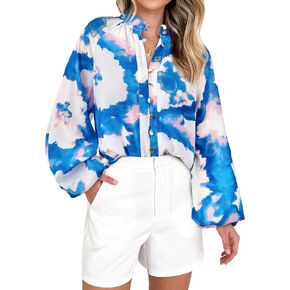 MASCOMODA Womens Boho Floral Print Fall Tops Dressy Casual V Neck Button Down Lantern Long Sleeve Shirts Chiffon Work Blouse