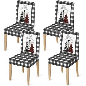 4Pcs Christmas Chair Covers White Black Buffalo Plaids Dining Chair Slipcovers Xmas Tree Removable Seat Protector Covers for Winter Home Dining Party Supplies