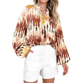 MASCOMODA Womens Boho Floral Print Fall Tops Dressy Casual V Neck Button Down Lantern Long Sleeve Shirts Chiffon Work Blouse in Kuwait