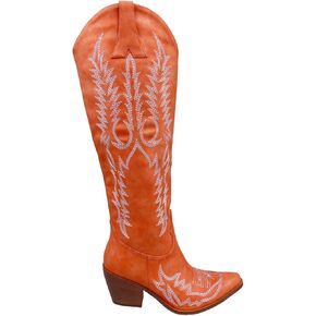 Frankie Hsu Women's Embroidered Western Cowboy Boots Knee High Stitching Orange Almond Heeled Chunky Fashion Retro Classic Wide Calf Big Size Pull-On Shoes
