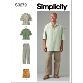 Simplicity Men's Relaxed Fit Shirt and Tapered Shorts or Pants Packet, Code 9279 Sewing Pattern, Sizes 34-42, White