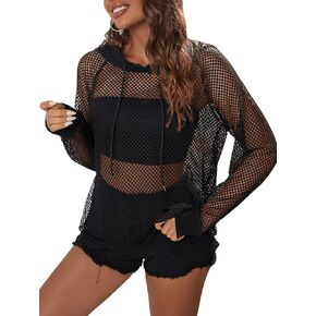 Verdusa Women's Hollow Out Drawstring Hoodies Long Sleeve Sheer Hooded Sweatshirt Tops