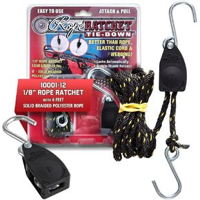 Rope Ratchet 1/8" Hanger Rope Tie Down with 6' Solid Braided Polypropylene, Ideal for Kayak, Canoe, Tent, Grow Lights, Canopy, Outdoor Gear, 75 lbs Capacity