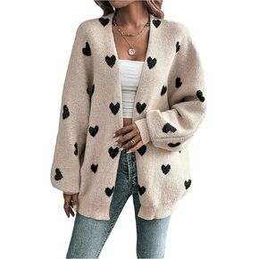 Women's Open Front Heart Print Cardigan Sweater Shawl Collar Long Sleeve Drop Shoulder Sweaters Knit Tops