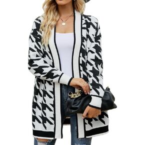 Womens V Neck Houndstooth Cardigan Open Front Long Sleeve Casual Loose Knit Sweaters Dress