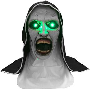Scary Nun Mask Led Light Up Mask with Headscarf Horror Nun Cosplay Costumes Halloween Dress Up Party Props (Led Open Mouth)