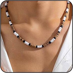 Puka Shell Necklace Men Surfer Necklace for Men Beach Necklace Hawaiian Beaded Necklace Coconut Shell Necklace Conch Seashell Necklace Wood Heishi Necklace Women Summer Jewelry