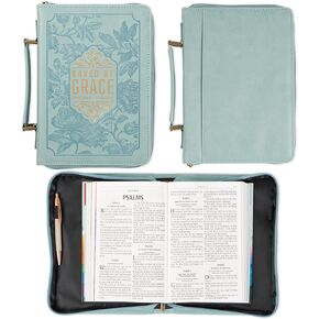 Christian Art Gifts Fashion Vegan Leather Bible Cover for Women: Saved by Grace Inspirational Bible Verse, Debossed Floral & Gold, Cute Easy Carry Book Case Accessory, Pen Loops, Pockets, Teal, Large