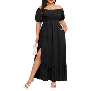 Plus Size Summer Dresses Maxi - Boho Casual Off Shoulder Floral Lace Long Dress with Pockets