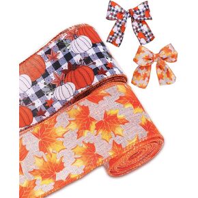 2 Rolls 10 Yards Fall Burlap Ribbon Assorted Thanksgiving Wired Wrapping Orange Brown Nature Craft Ribbon for Wreath Floral Bows Craft Decor (Solid Color)