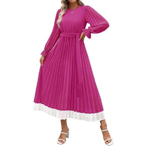 ZESICA Women's 2024 Fall Long Sleeve Chiffon Dress Casual Crew Neck Pleated A Line Flowy Midi Dresses with Belt