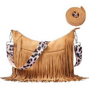 Women Faux Suede Fringed Purse Hobo Bag Tassel Crossbody with Double Long Straps
