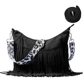 Women Faux Suede Fringed Purse Hobo Bag Tassel Crossbody with Double Long Straps