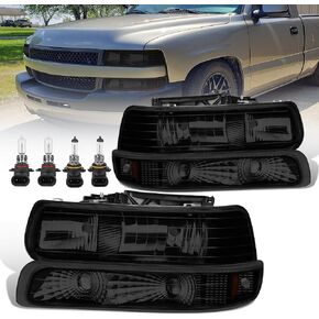 Headlight Assembly Front Lamp Compatible with 1999-2002 Chevrolet Silverado 1500 2500 2000-2006 Suburban 1500 2500 Tahoe Black Housing/Smoked lens/Amber Corner w/Bulb