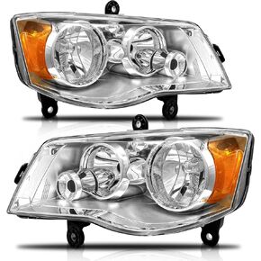 Headlights Assembly for 2011 2012 2013 2014 2015 2016 2017 2018 Dodge Grand Caravan / 2008 2009 2010-2016 Chrysler Town & Country Pair Chrome Housing NOT Fit w/factory HID headlights
