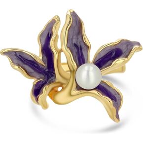 Gold Purple Enamel Floral Pearl Adjustable Statement Open Ring for Women, Violet Orchid Flower Leaf Summer Beach Handmade Unique Band, Chunky Stackable Cute Cuff Cocktail Ring Birthday Gift, Natural Bold Exaggerated Irregular Trendy Jewelry, Fashion Acces