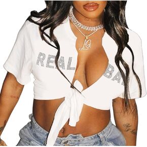 Womens Sexy Tie Front Crop Top Short Sleeve Graphic Tee Shirt Clubwear