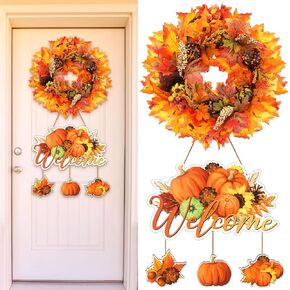 2 Pcs Fall Wreaths for Front Door 16 Inch Rustic Autumn Fall Wreath Decor with Thanksgiving Front Door Sign Artificial Pumpkin Wood Door Sign with Jute Rope for Wall Window Decor